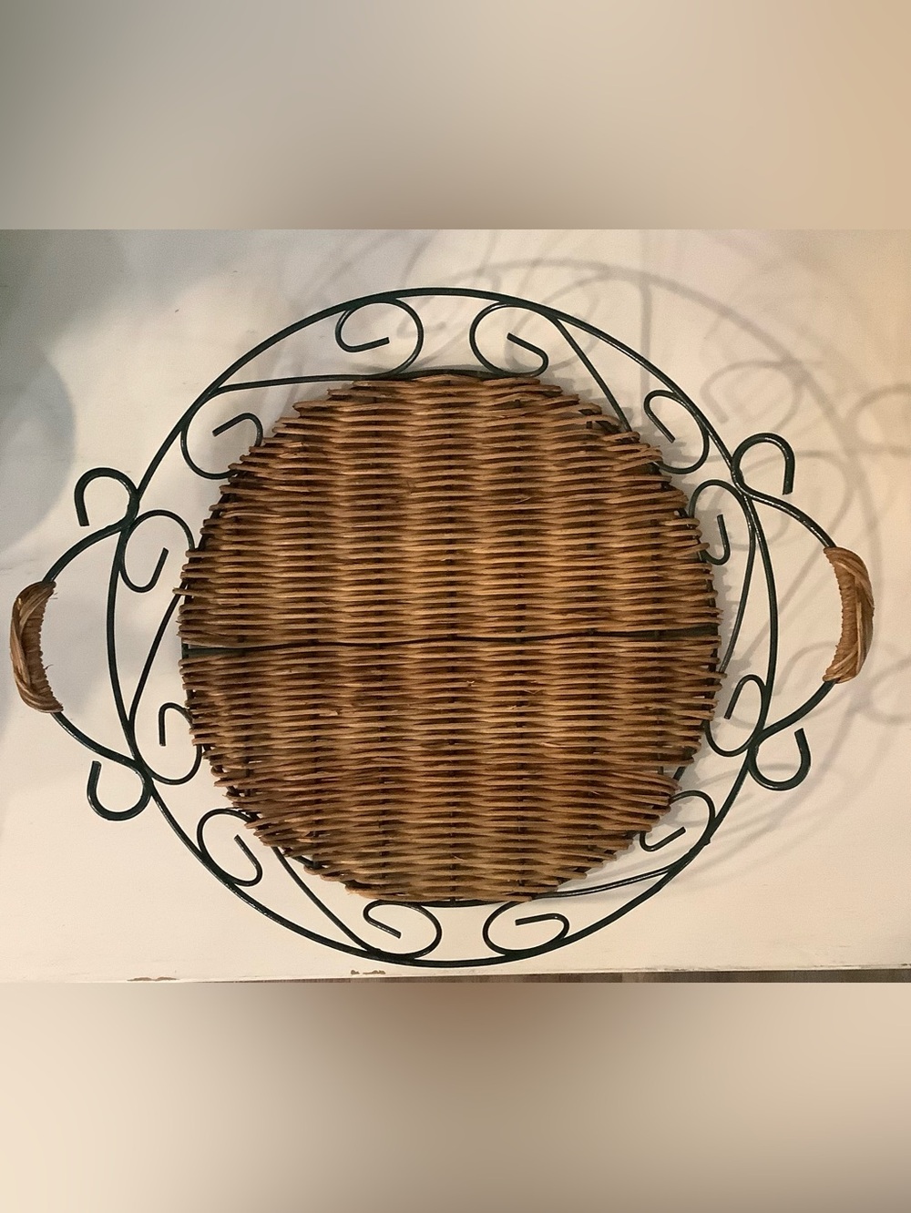 Woven Rattan Serving Tray with Wrought Iron Frame - Brown and Dark Green